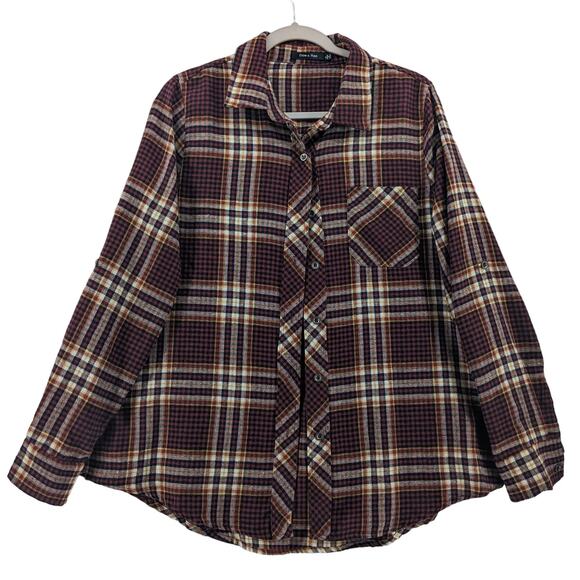 Doe & Rae Button Up Shirt L Red Yellow Plaid Flannel Long Sleeve Collared 12340T - Picture 1 of 12